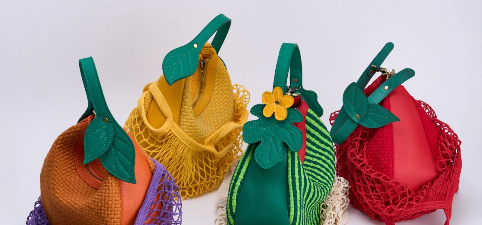 Colorful handwoven bags with leaf-shaped handles
