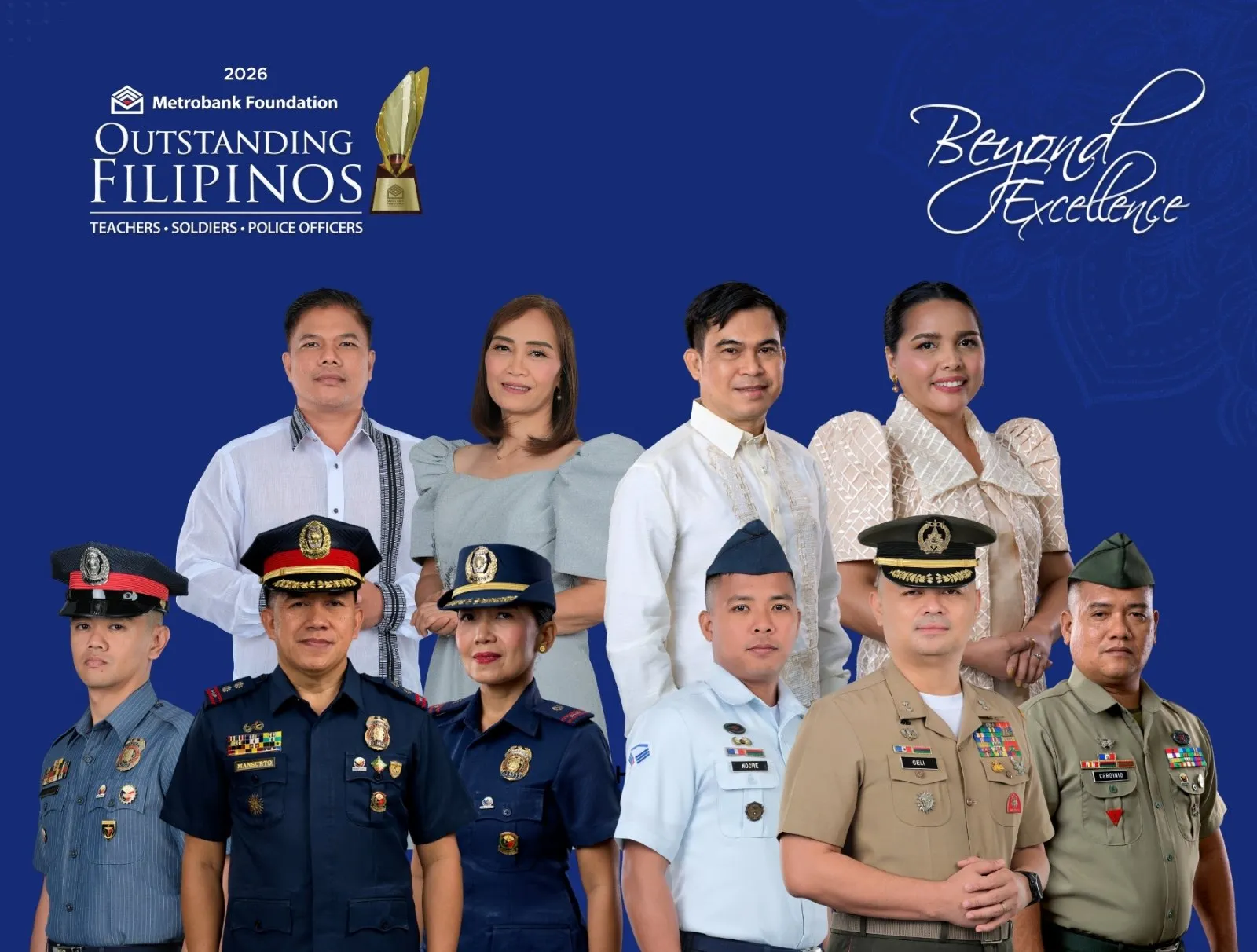 Ten 2026 Metrobank Foundation Outstanding Filipinos awardees, teachers in Filipiniana attire and soldiers and police officers in uniform