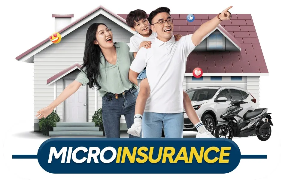 A smiling family in front of a house beside the word MICROINSURANCE